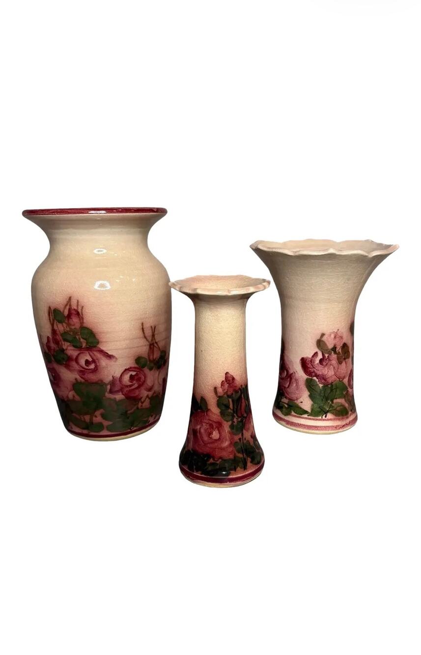 Hand-Painted Rose Motif Studio Pottery
Vases — Set of 3, Signed Artist Mark Mj